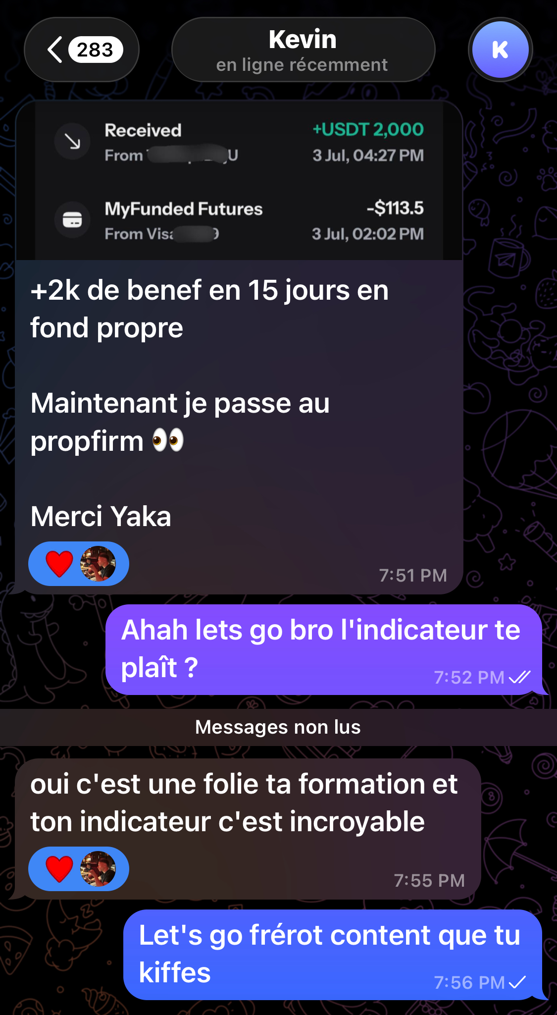 Kevin — +2 000 $ de bénéfice en 15 jours